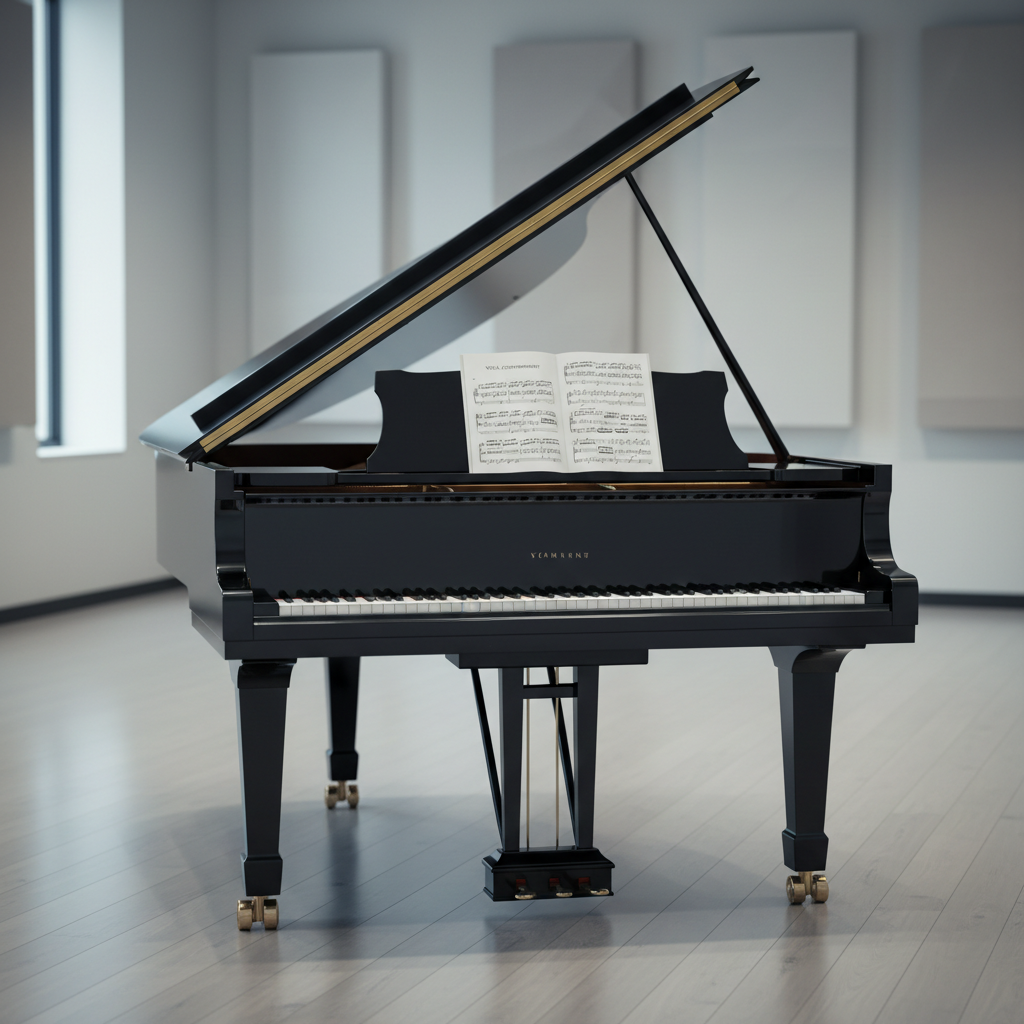 A polished black grand piano with its lid elegantly raised, glossy surface reflecting subtle highlights, sits in a quiet, modern rehearsal room. Sheet music for a vocal accompaniment lies open on the music stand, pages slightly curved. The piano rests on a smooth, light gray hardwood floor, with acoustic panels and neutral-toned walls in the background, softly blurred. Cool, diffused daylight enters from a large off-camera window, creating gentle, controlled shadows under the instrument. Photographed at eye level from the keyboard side with a balanced, centered composition and moderate depth of field. The mood is professional, calm, and focused, with a clean, corporate photographic realism that emphasizes precision and musical craftsmanship.