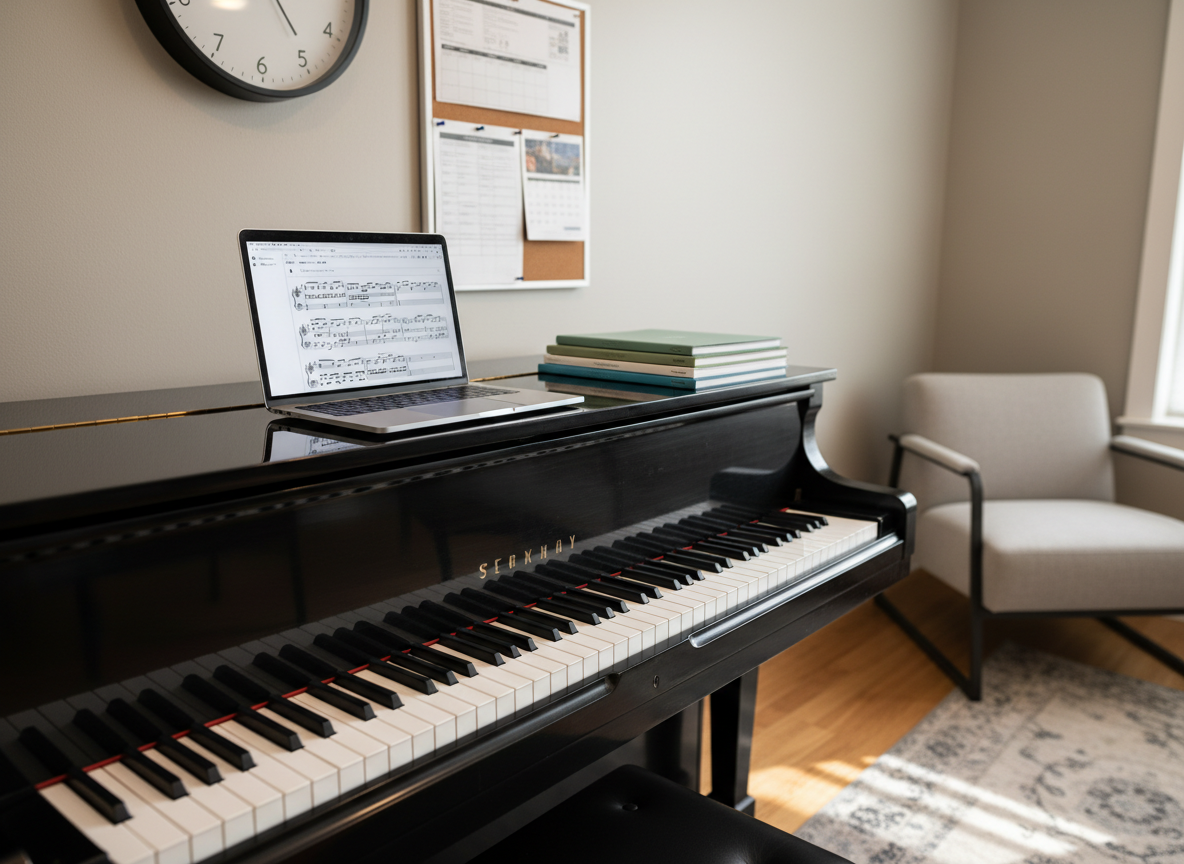 A neatly organized piano teaching space with a high-quality upright piano in satin ebony finish, its keys pristine and aligned. On the closed fallboard rests a slim, open laptop displaying digital sheet music, alongside a small stack of music theory workbooks with understated covers. The piano stands against a light warm-gray wall with a simple wall clock and a corkboard holding a few neatly pinned lesson schedules. Soft afternoon window light from the left casts gentle, elongated shadows across the keys and floor. Captured at a slight diagonal with rule-of-thirds composition, foreground in crisp focus and background subtly softened. The mood is structured, professional, and welcoming, rendered in clean photographic realism with a corporate, organized aesthetic.