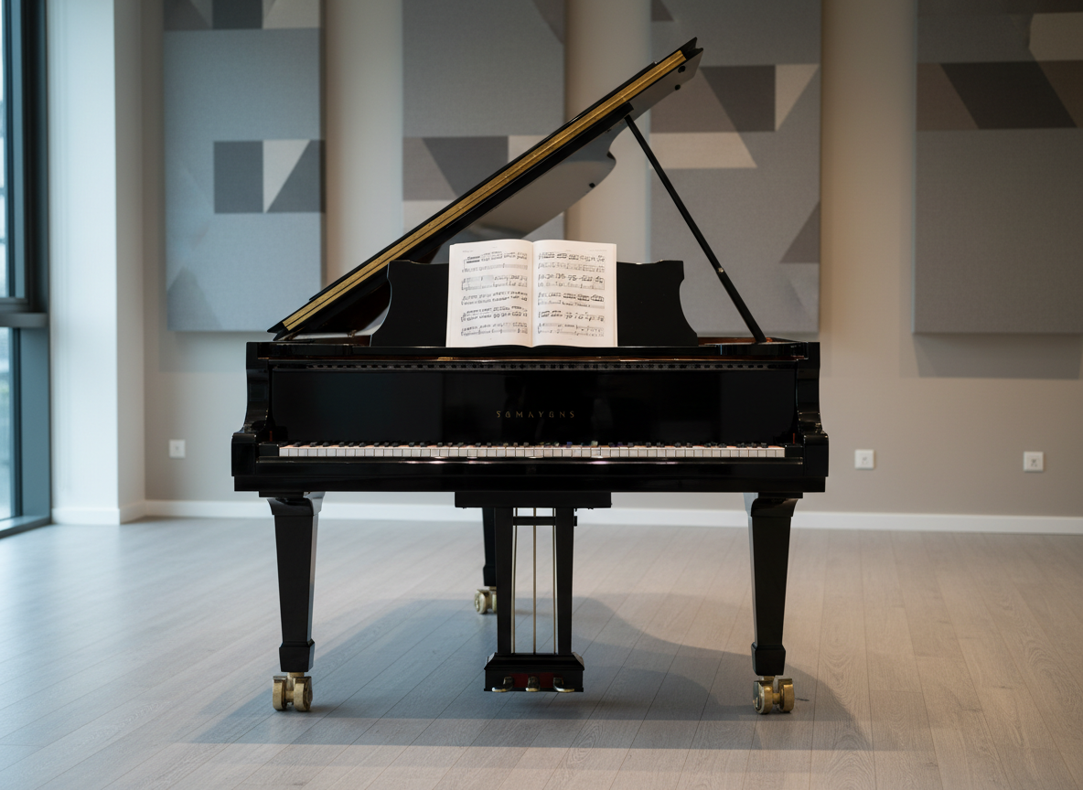 A polished black grand piano with its lid elegantly raised, glossy surface reflecting subtle highlights, sits in a quiet, modern rehearsal room. Sheet music for a vocal accompaniment lies open on the music stand, pages slightly curved. The piano rests on a smooth, light gray hardwood floor, with acoustic panels and neutral-toned walls in the background, softly blurred. Cool, diffused daylight enters from a large off-camera window, creating gentle, controlled shadows under the instrument. Photographed at eye level from the keyboard side with a balanced, centered composition and moderate depth of field. The mood is professional, calm, and focused, with a clean, corporate photographic realism that emphasizes precision and musical craftsmanship.