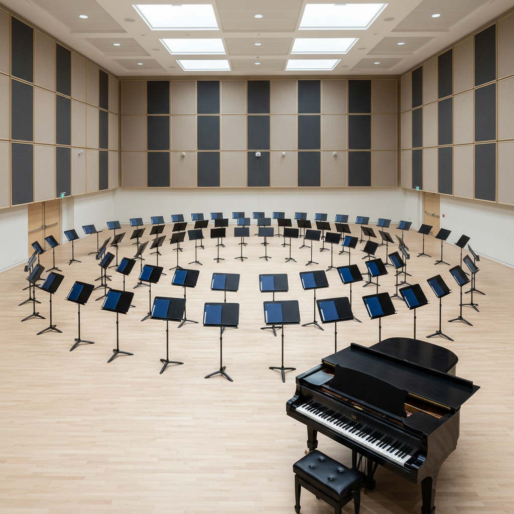 A large, open choral rehearsal hall viewed from the piano’s perspective, with a grand piano in matte black occupying the lower right of the frame, its lid partially raised. Several neat rows of empty black music stands with closed choral scores are arranged in curved arcs across a pale wooden floor. The far wall features tall acoustic panels in alternating light and dark neutrals. Bright but diffused overhead lighting evenly illuminates the space, creating crisp, controlled shadows under stands and piano legs. Shot at eye level with deep focus to capture the full depth of the room, the composition is balanced and symmetrical. The atmosphere is anticipatory and disciplined, emphasizing professional choir accompanying in a clean, structured, photographic corporate aesthetic.