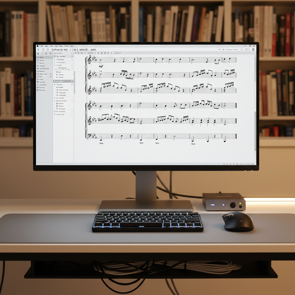 A close, detailed view of an arranging and transcription workspace: a large, ultra-clean monitor displaying a music notation program with multiple vocal and piano staves, all in clear black notes on a white background with soft gray interface elements. Below, a compact, backlit keyboard, ergonomic mouse, and a small audio interface with minimal LED indicators rest on a matte gray desk. Cables are carefully routed, maintaining a clutter-free look. Neutral wall tones and a blurred bookshelf of music scores form the background. Soft, directional LED desk lighting from the right creates a subtle gradient across the desk surface without harsh shadows. Captured straight-on with moderate depth of field, the mood is precise, analytical, and efficient, showcasing transcription and engraving work in a modern, corporate photographic style.